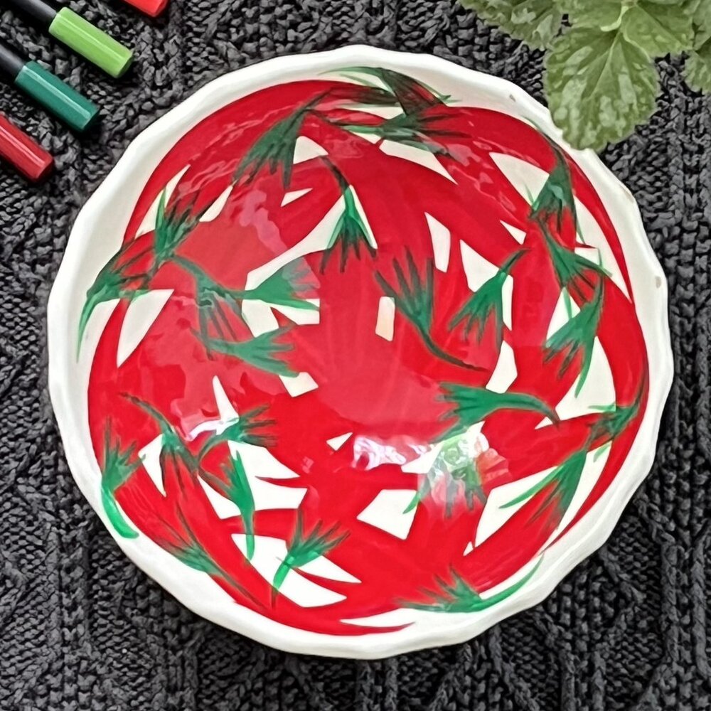 Mexican Pottery Salsa Bowl Hand Painted Footed Red Chili Pepper